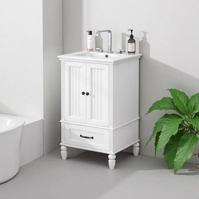 Meuble-lavabo moderne de 20 po avec lavabo en céramique, armoire autoportante blanche avec portes doubles, tiroir, butoirs de porte magnétiques et patins réglables