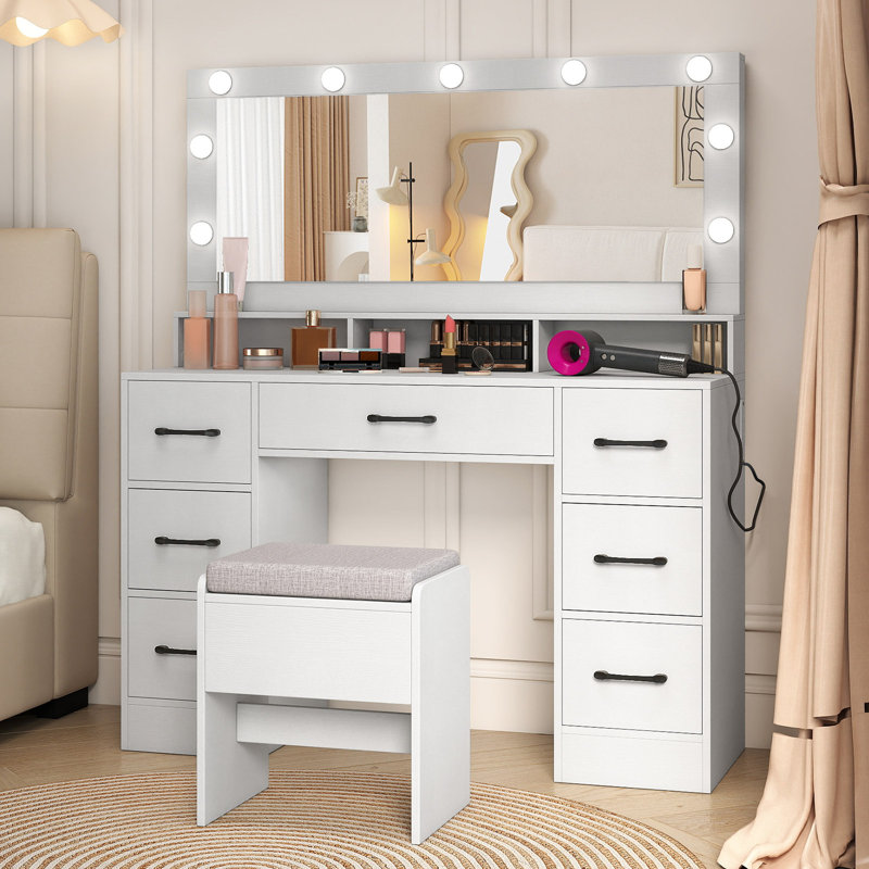 Vanity Desk w/Mirror & Lights Power Outlets 3 Color Lighting Modes 7 Drawers