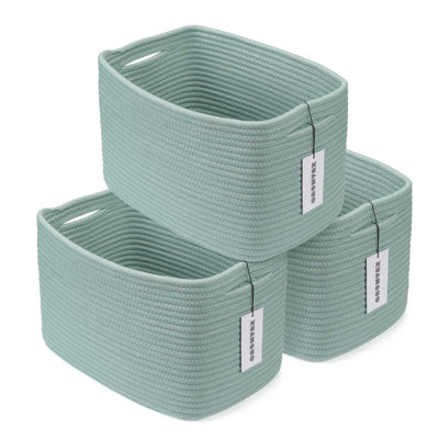  3-Piece Cotton Rope Storage Basket Set, Rectangular Woven Shelf Bins with Handles