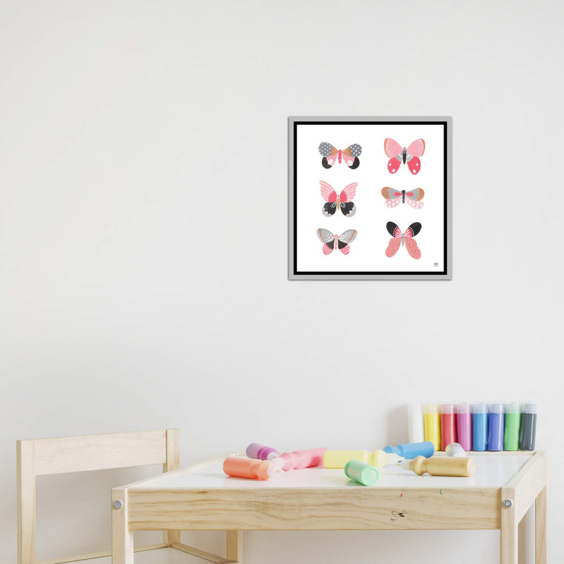 6 papillons art, H 18 po x l 18 po x P 1,5 po, Toile avec cadre argenté
