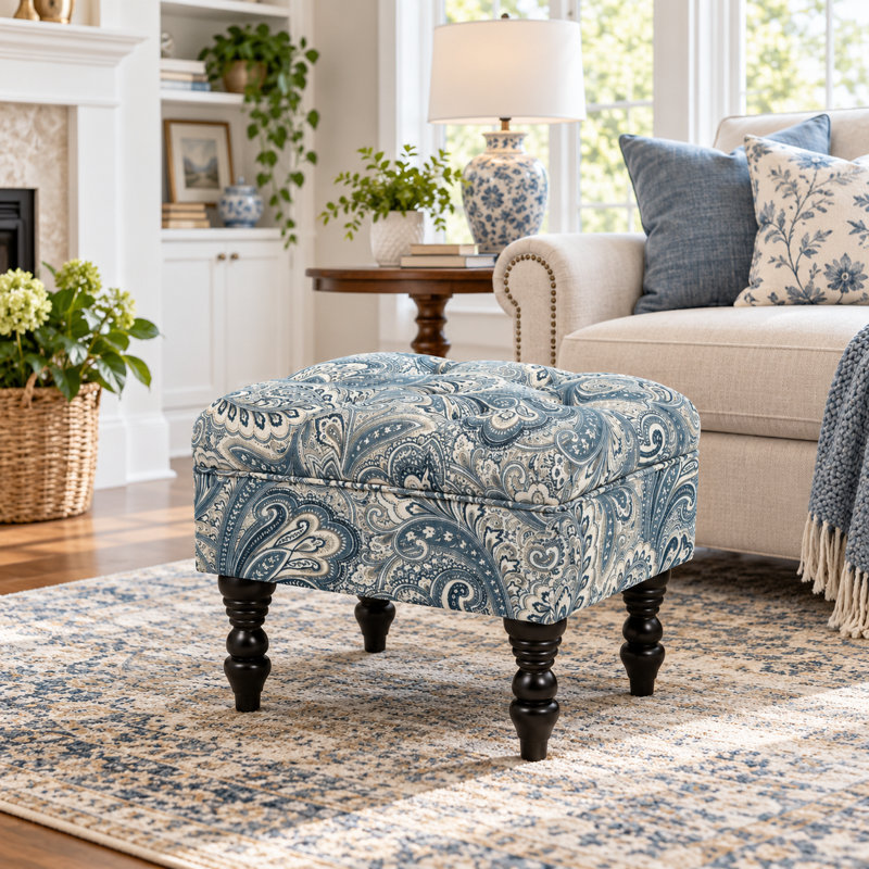 Repose-pieds Cauley, 100% lin cachemire bleu