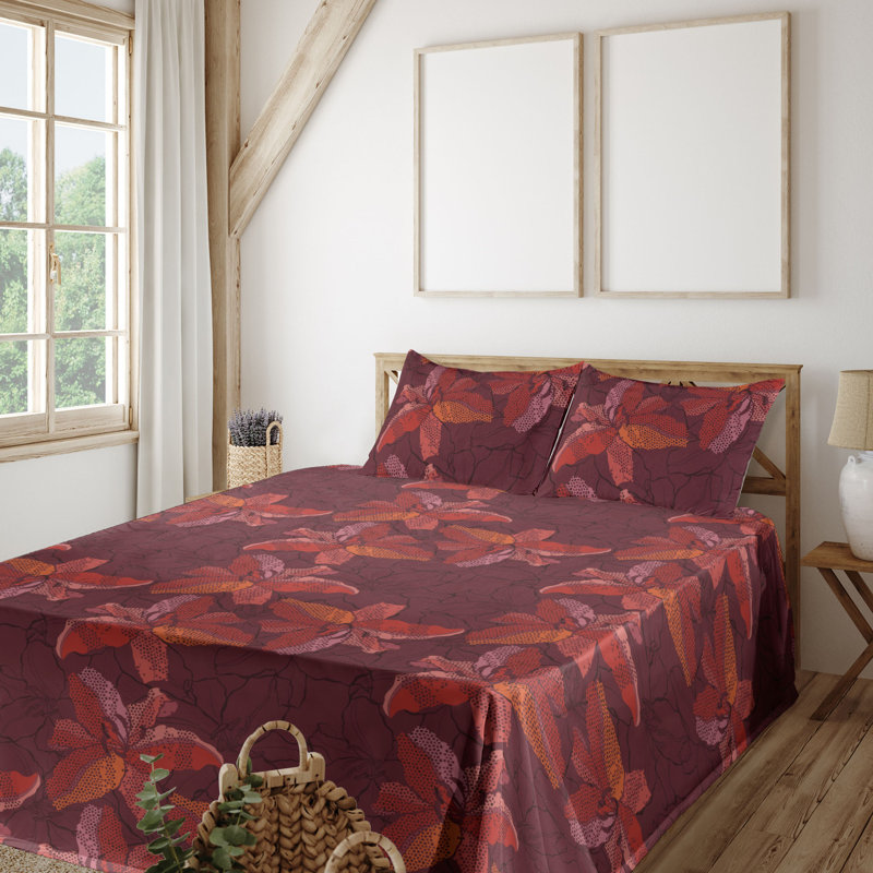 Ambesonne Watercolor Botany Sheet Set 4 Pcs Retro Boho Bloom, Dark Coral Vermilion Ruby Floral