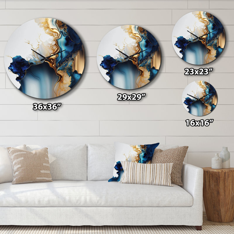 Horloge murale abstraite géode dorée et bleue I - Marbre, Médium