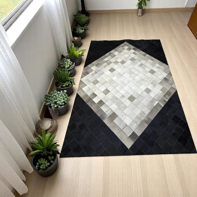 Tapis gris, tapis patchwork en peau de vache véritable 3 pi x 5 pi, Rectangulaire 3 pi x 5 pi