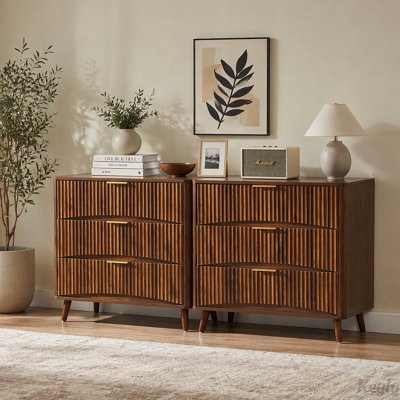 Ensemble de 2 commodes cannelées à 3 tiroirs avec design Mid-Century