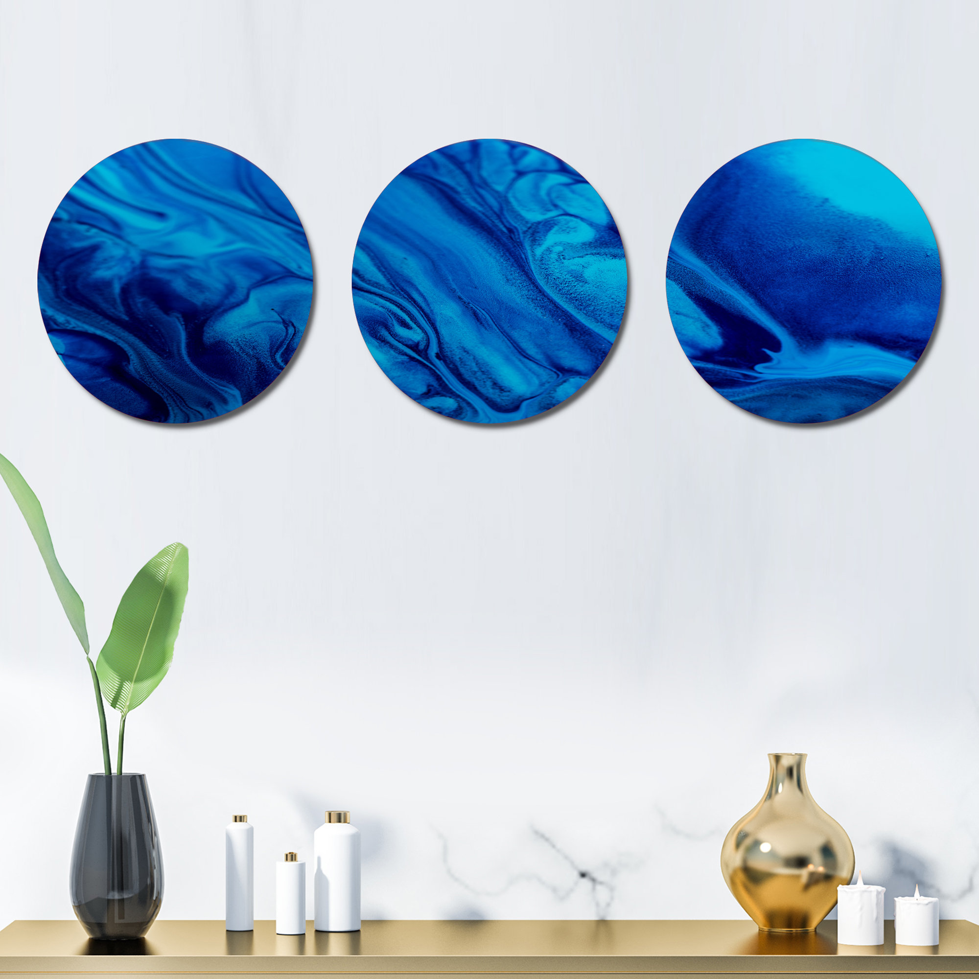 Design Art Dark Blue Abstract 3 Pieces Metal Round Wall Decor Set Wayfair