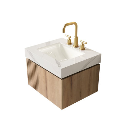 24" Bathroom Vanity&Sink, Floating Plywood Storage Cabinet with 2 Doors, Carrara White Sintered Stone Top&Ceramic Basin with 3 Pre-drilled Faucet Holes, Pre-assembled
