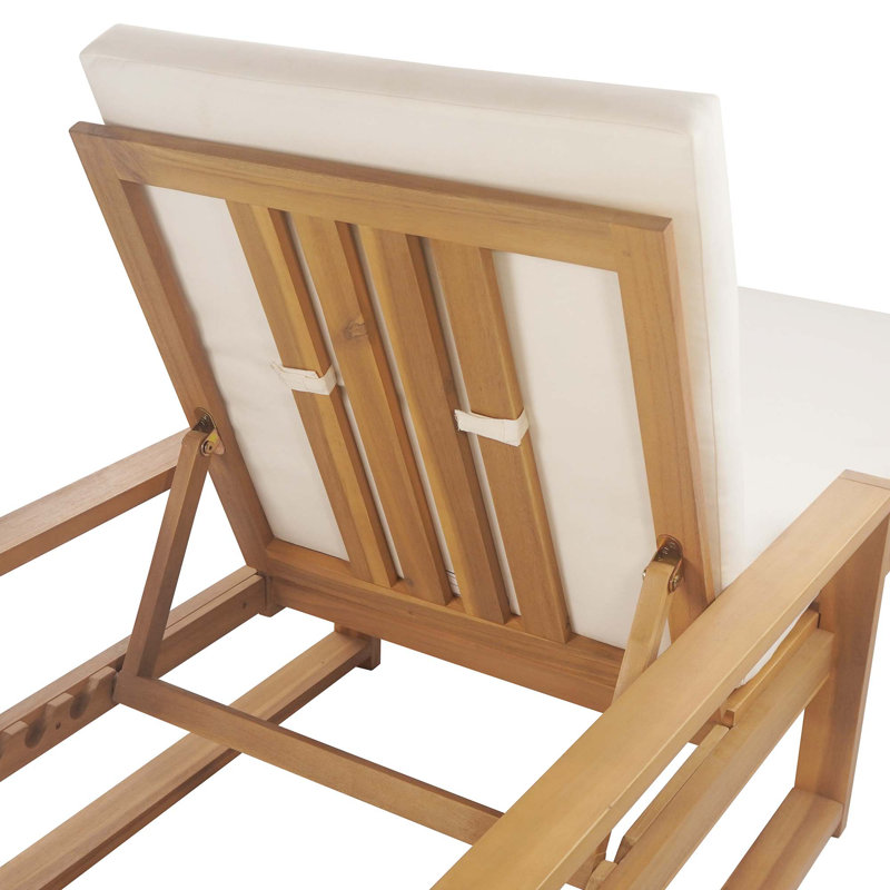Ensemble de 2 chaises longues d'extérieur à 5 positions avec coussin, Teck clair