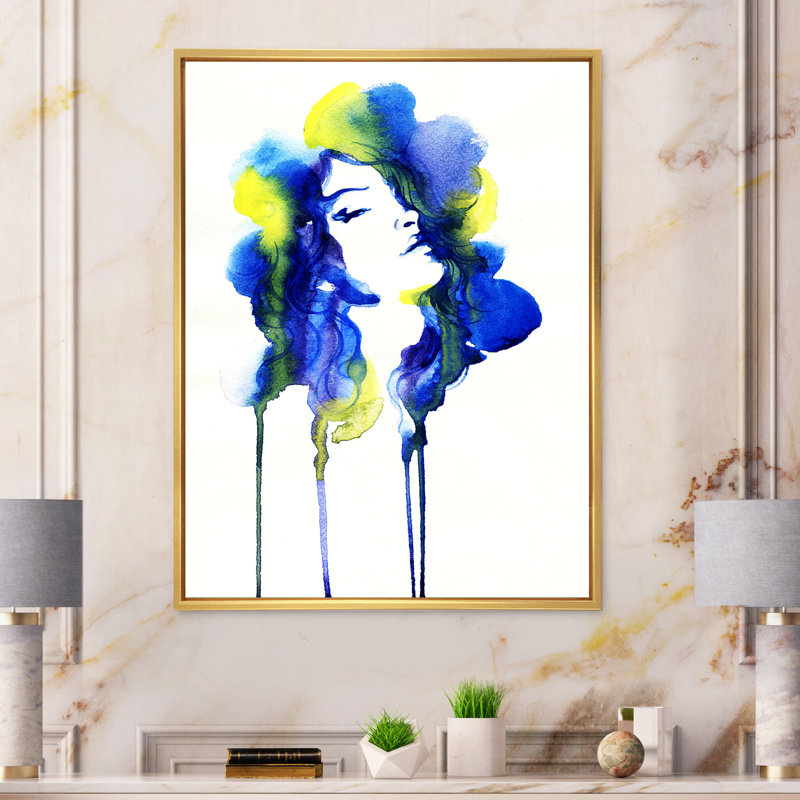 «Blue Yellow Ink Fashion Portrait» - œuvre d'art sur toile Glam, L 24 po x H 36 po, Toile avec cadre flottant or