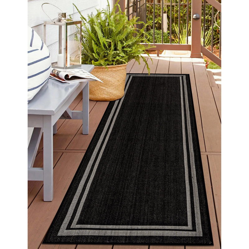 Tapis intérieur / extérieur tissé à plat en jute noir / ivoire Border, Noir, Tapis de couloir 2 pi 3 po x 8 pi