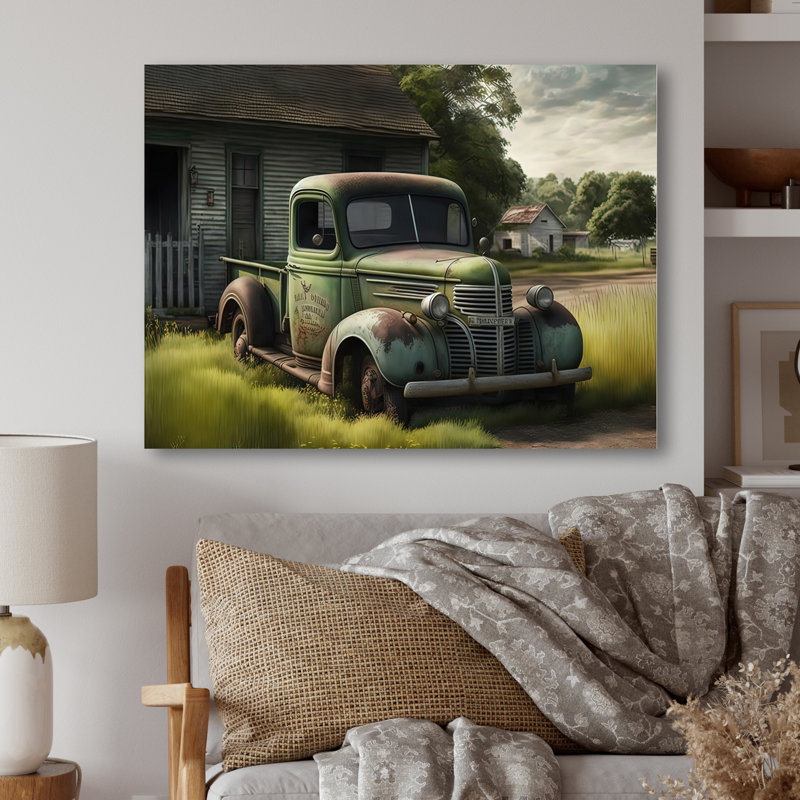 Vert vieux camion à la grange - reproduction sur toile, H 16 po x l 32 po x P 1 po, Toile tendue