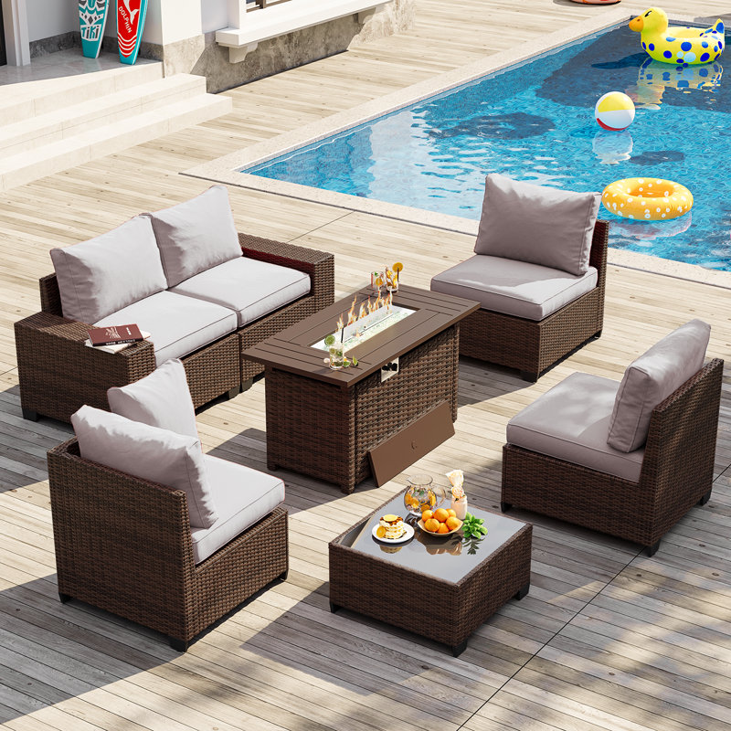7-pieces Patio Furniture Set With 44" Propane Gas Fire Pit Table, Gray Cushion/Brown Frame