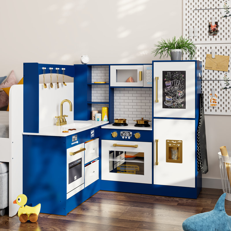 Corner Play Kitchen For Kids, Wooden Pretend Toy Kitchen Playset, Blue
