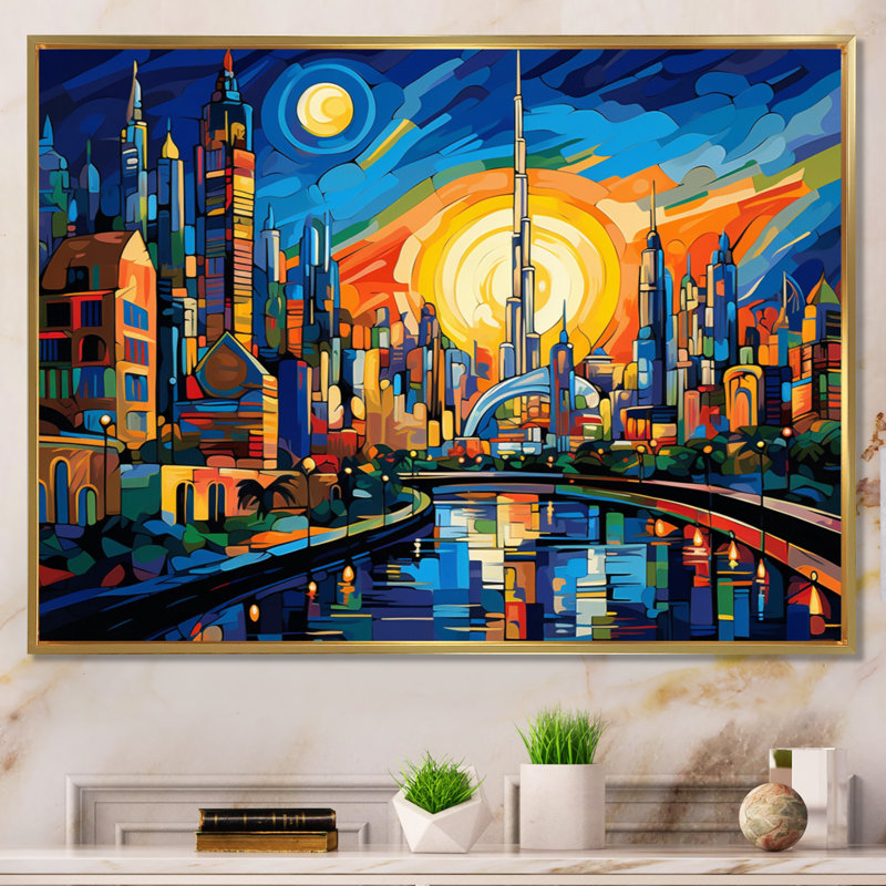 Pop Pop Cityscape I - reproduction sur toile, H 24 po x l 32 po x P 1 po, Cadre flottant doré