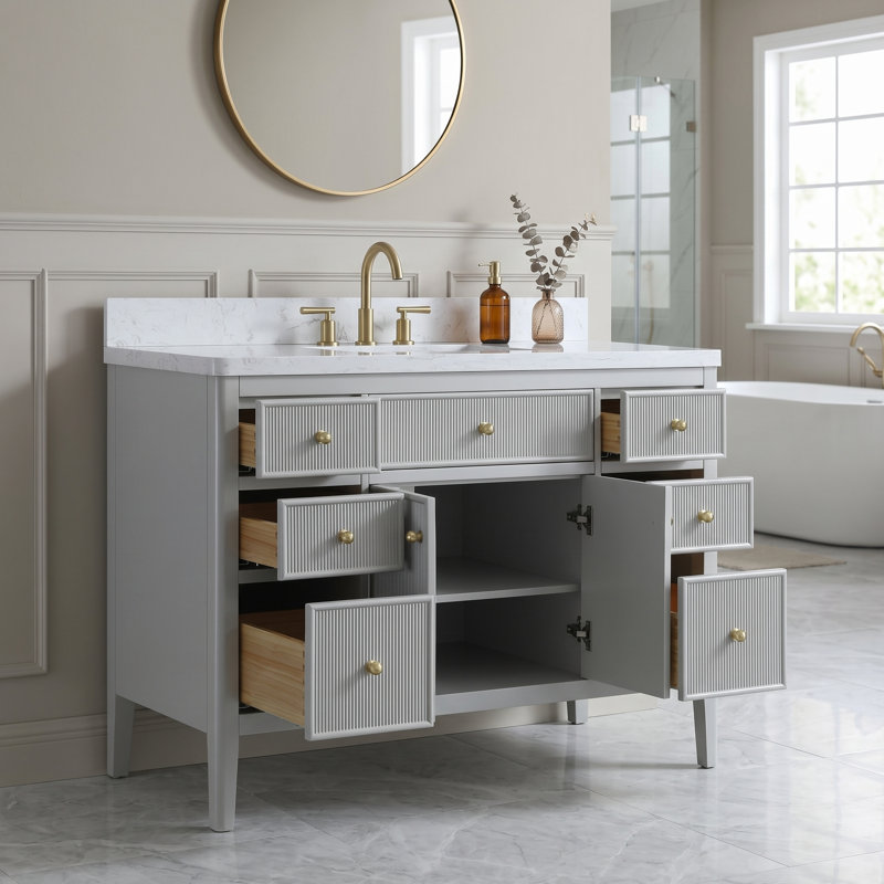 Meuble-lavabo autoportant en bois massif de 48 pouces avec comptoir, gris, entièrement assemblé, Grey