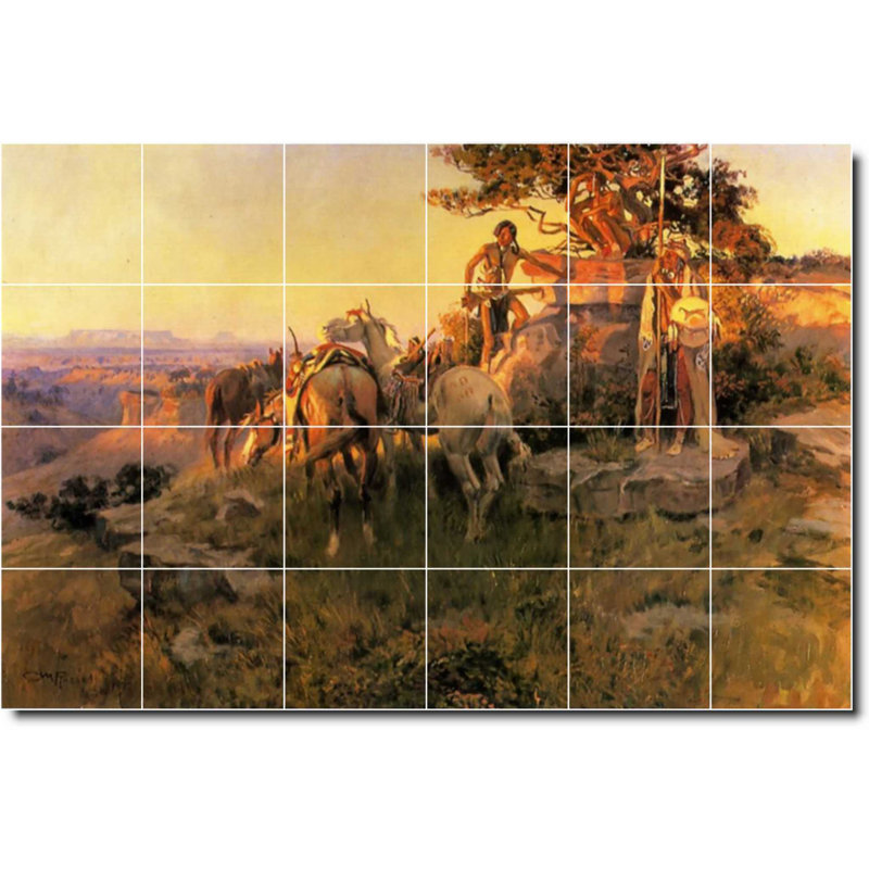 Carreau de céramique décorative 25,5 po x 17 po 4,25 po x 4,25 po, Charles Russell, peinture occidentale W07804
