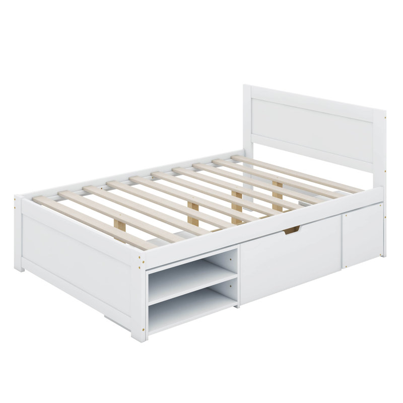 Lit plateforme double avec tiroir et deux tablettes, Blanc