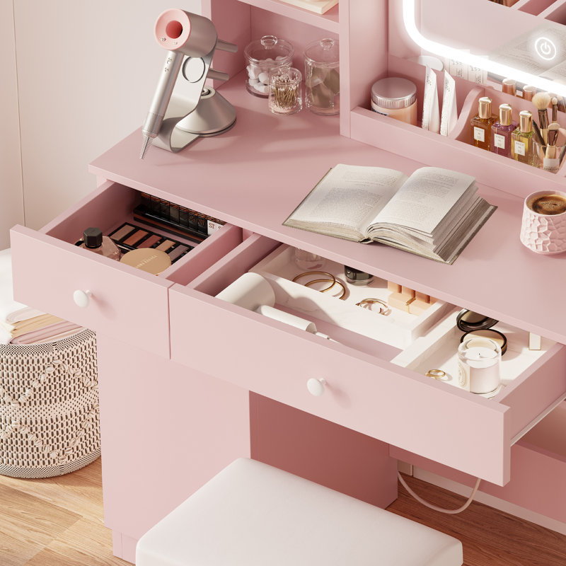 Ensemble de coiffeuse avec miroir lumineux à DEL et prise de courant, plateau de maquillage avec 3 bibliothèques ouvertes, 3 casiers, 2 tiroirs, table de commode pour chambre à coucher, vestiaire