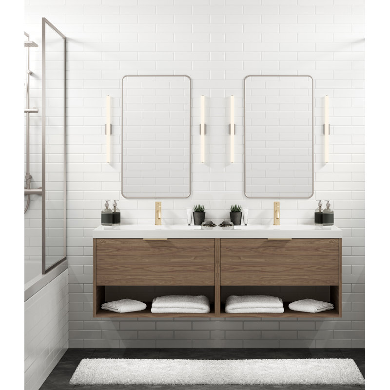 Modo 72" W Wall Mounted Double Bathroom Vanity, Glossy White/Single, Nocino, Satin Brass