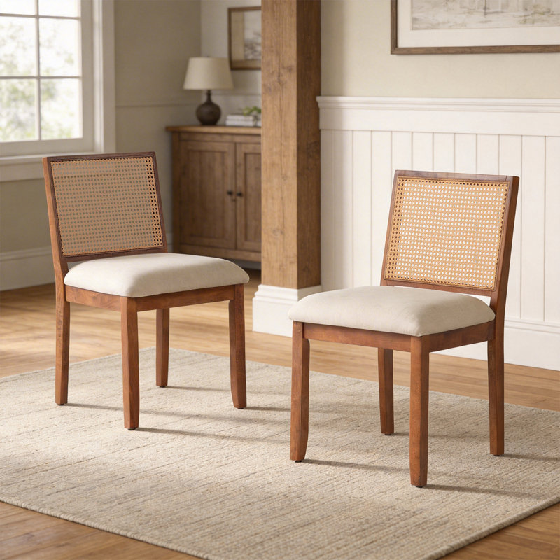 Solid Wood Dining Chair with Rattan Backrest, Dark Walnut