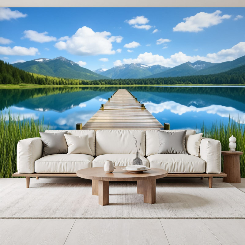 Papier peint adhésif autocollant Serene Mountain Lake Skies, L 96 po x l 69 po