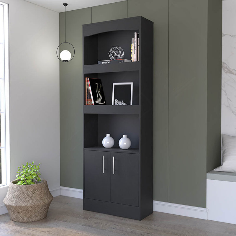 Durango Bookcase, Three Shelves, Double Door Cabinet, Black