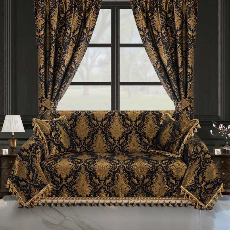 Housse pour canapé 1 pièce en damas avec pampilles, housse de protection pour canapé 71 po x 118 po, Tissu noir