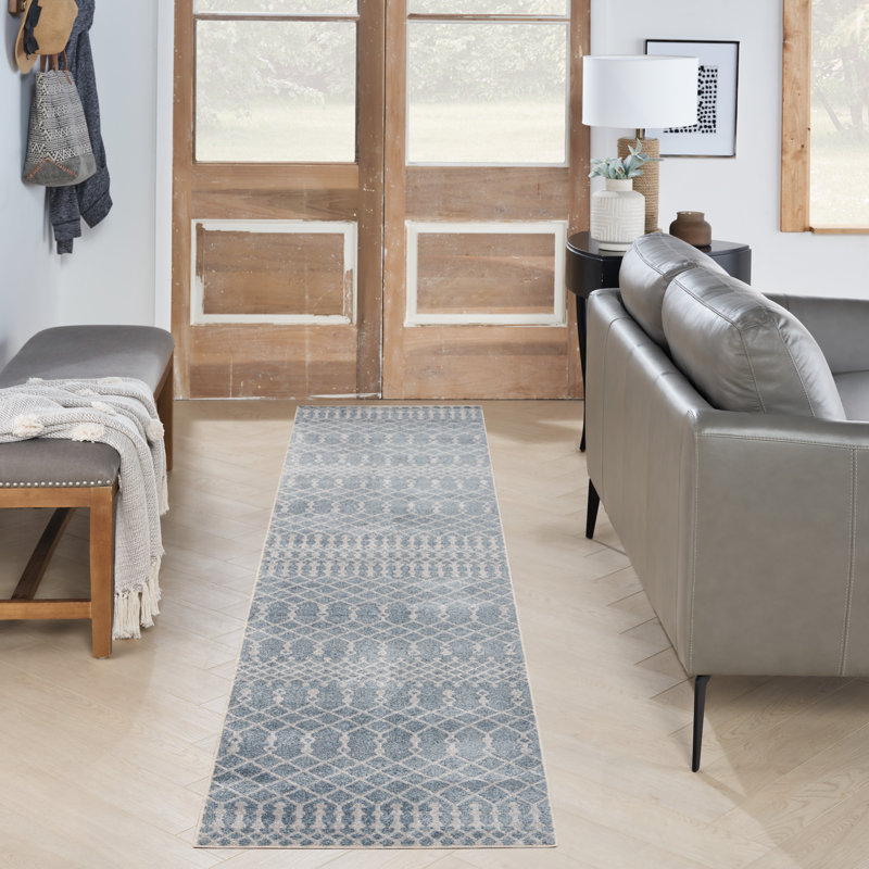 Tapis bleu marocain lavable à la machine Kittie, Tapis de couloir 2 pi 2 po x 8 pi