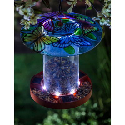 Mangeoire solaire pour oiseaux avec verre gaufré peint à la main, papillons