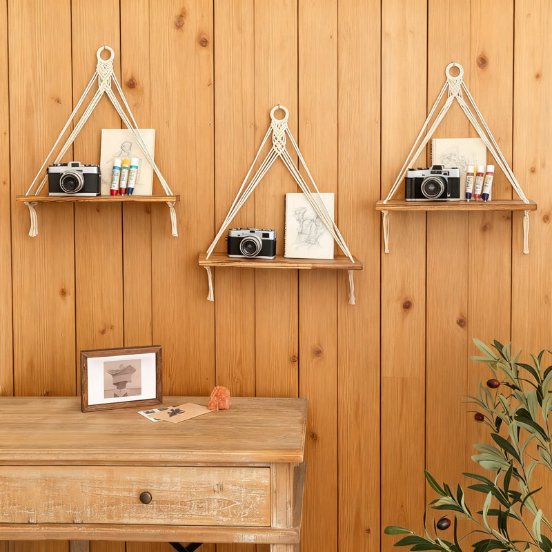 Macrame Hanging Shelves Set Of 3, Boho Wall Decor With Rustic Wood Floating Shelves For Bedroom, Living Room, Bathroom, Plant Display And Storage