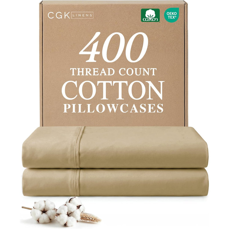 100% Cotton Pillowcase Set, 400 Thread Count Hotel Luxury Pillowcases, Soft & Breathable, Set of 2, Beige, King