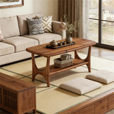 Mid‑Century Modern Rectangular Solid Wood Coffee Table, 2‑Tier Storage Sofa Central Table with Lower Shelf for Living Room, Lounge and Bedroom