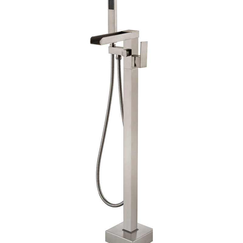Robinet de salle de bain à fixation au sol avec bec cascade et douche à main - Finition nickel brossé, fixation à effet de robinet de baignoire, résistance à la corrosion