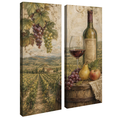 Classic Vineyard Countryside with Wine Bottle Grapes and Fruit Wall Art for Dining Room Kitchen Living Room Bar Area – Set of 2 Framed Wall Art Print on Canvas 32"x12"x2