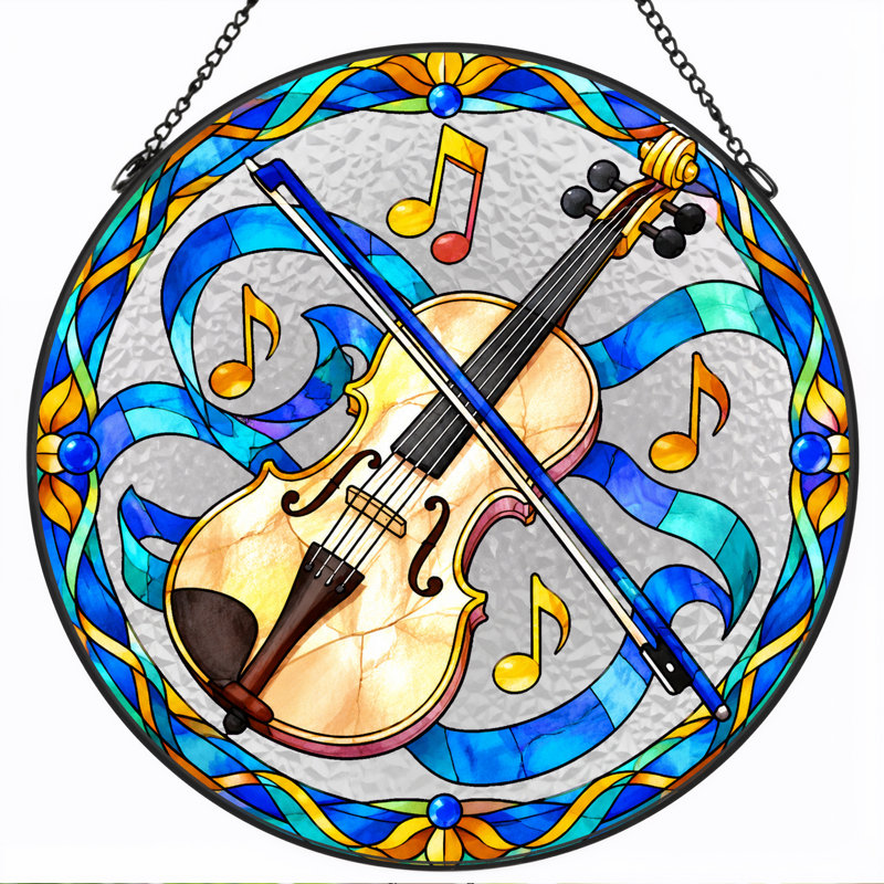 Art mural sur toile circulaire en vitrail violon et archet avec notes de musique, H 12 po