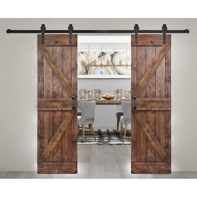 Porte de grange coulissante double en bois massif de style K avec ensemble de quincaillerie - Assemblage requis, Noyer foncé