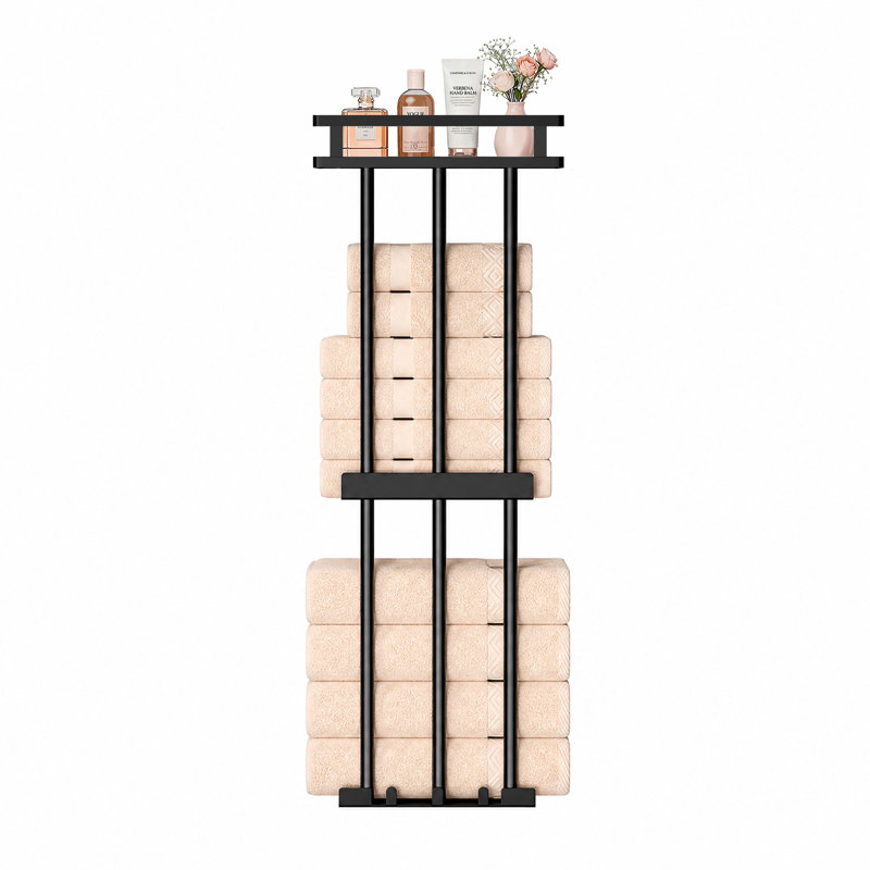 3-Tier Black Metal Bathroom Towel Rack, Wall Mounted Storage Rack with Top Mesh Shelf for Rolled Towels, Rust-Resistant Single