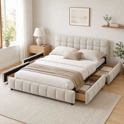 Lit plateforme tapissier en chenille moderne avec quatre tiroirs sous le lit