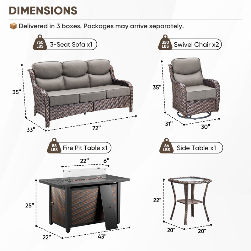 Prunier 5-Piece All-Weather Wicker Patio Rectangle Metal Fire Pit Table Conversation Set With Swivel Gliders, Sofa And Side Table For Outdoor
