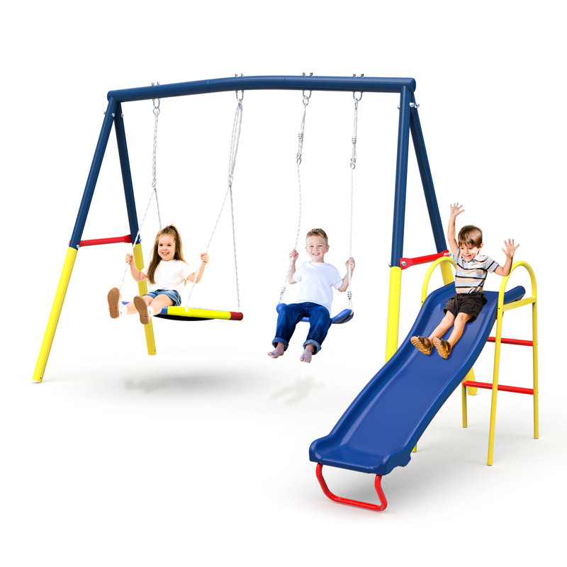 Balançoire 3 en 1, extérieur robuste avec glissoire, acier bleu