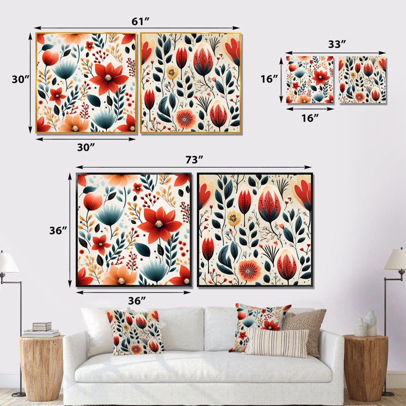 Harte - ensemble d'art mural en toile florale sur 2, Encadrement brun, H 16 po x l 33 po x P 1 po