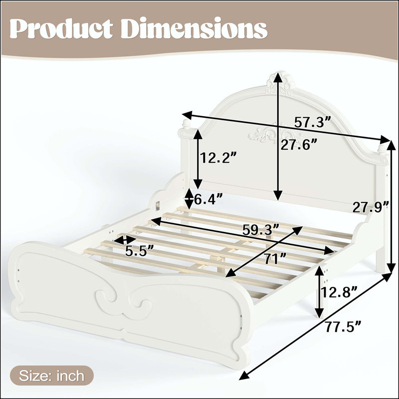 Lit plateforme double rétro avec tête de lit, Beige