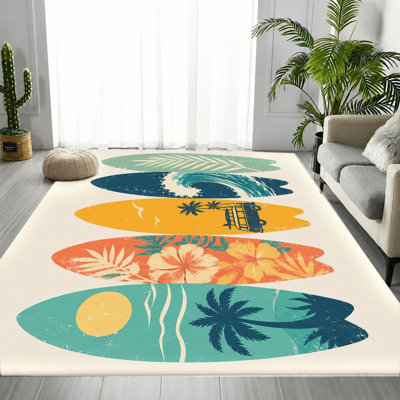 Tropical Beach Surfboard Area Rug, Summer Palm Floral Pattern, Artistic Non-Slip Floor Carpet, Indoor Home Decor for Living Room, Bedroom, Dormitory, Apartment, Vacation House