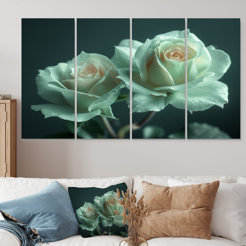 «White Green Mystical Garden Roses», ensemble d'art mural sur toile Roses, H 32 po x l 64 po