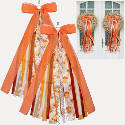 2 Pcs Thanksgiving Assorted Ribbon Bow for Wreath, Large Fall Clip-On Wreaths Ribbon Bundle, Orange Decorative Wreath Sash Bundle for Thanksgiving Day Party Autumn Front Door Yard Porch Décor