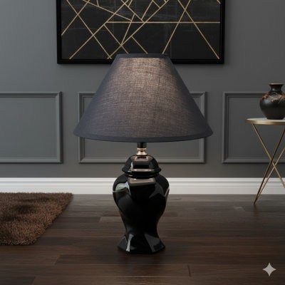 13-Inch Tall Ceramic Table Lamp In An Urn Shape, Featuring A Black Finish And A Linen Shade
