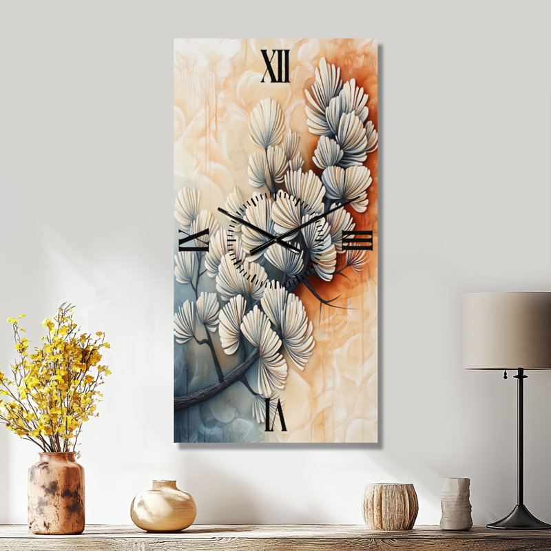 Horloge murale en métal Japandi - Branche de pin en Sumi-E I, H 40 po x l 20 po - Rectangle