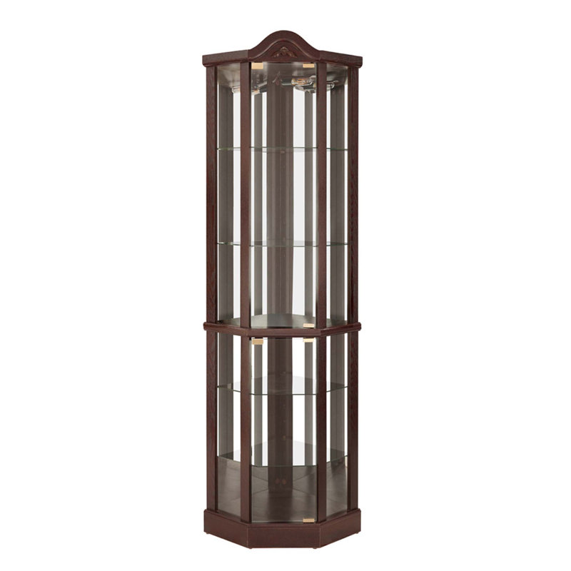 Vitrine lumineuse en verre avec tablettes réglables et décoration sculptée, idéale pour la maison ou le bureau