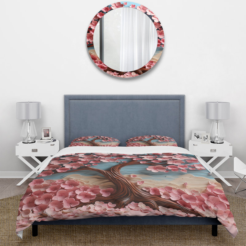 Ensemble de housse de couette arbre rose et mauve Essence II, Housse de couette pour grand lit et 2 taies décor