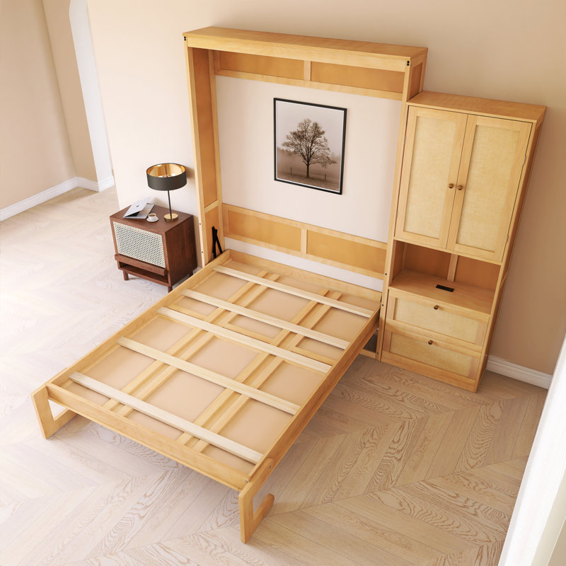 Lit escamotable avec cadre en bois et rotin, Naturel, Complète